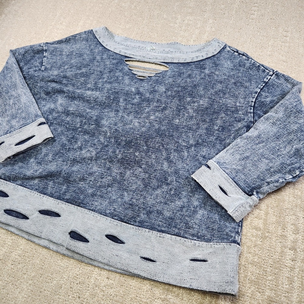 POL‎ Sweatshirt Women Small Pullover Blue Boho Hippie Stretch Distressed
